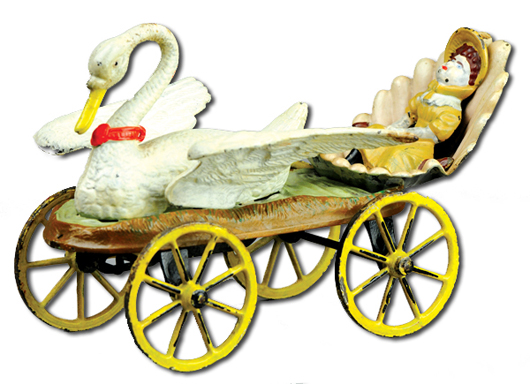 J. & E. Stevens cast-iron Swan Chariot with original wood factory box, $21,850. Bertoia Auctions image.